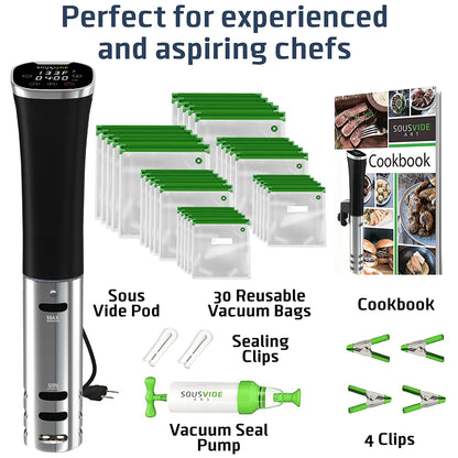 SOUSVIDE ART Sous Vide Immersion Cooker Kit - Machine with Digital Timer, Temp Control, 30 Bags, Vacuum Pump, Suvee Cooker Gift for Chefs