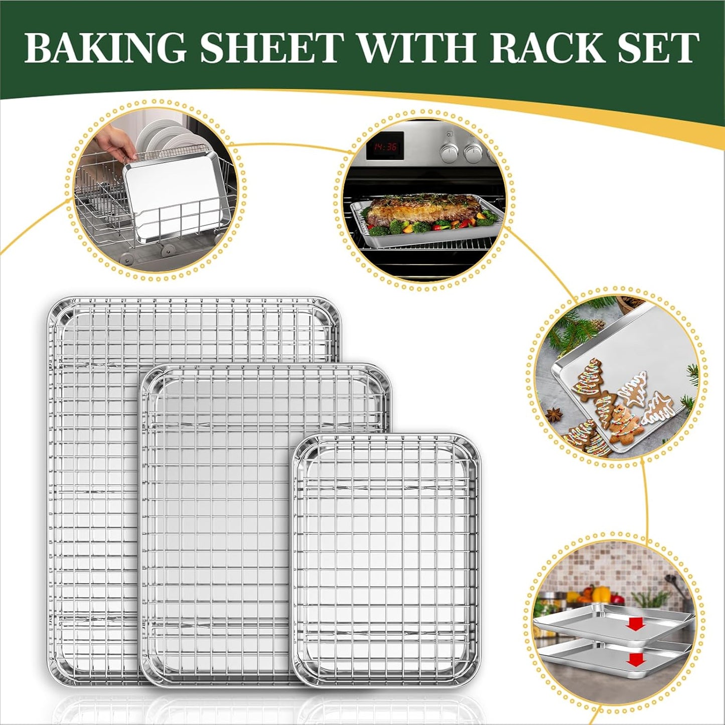 Baking Sheet Cookie Pans Set with Cooling Rack Cookie Sheets for Baking Stainless Steel Pan for Baking Bakeware Sets 3PCS Cooling Racks for Cooking and Baking for Bacon Pizza Pan 9/12/16 Inch