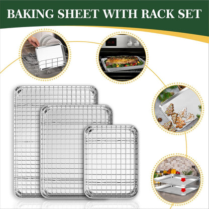 Baking Sheet Cookie Pans Set with Cooling Rack Cookie Sheets for Baking Stainless Steel Pan for Baking Bakeware Sets 3PCS Cooling Racks for Cooking and Baking for Bacon Pizza Pan 9/12/16 Inch