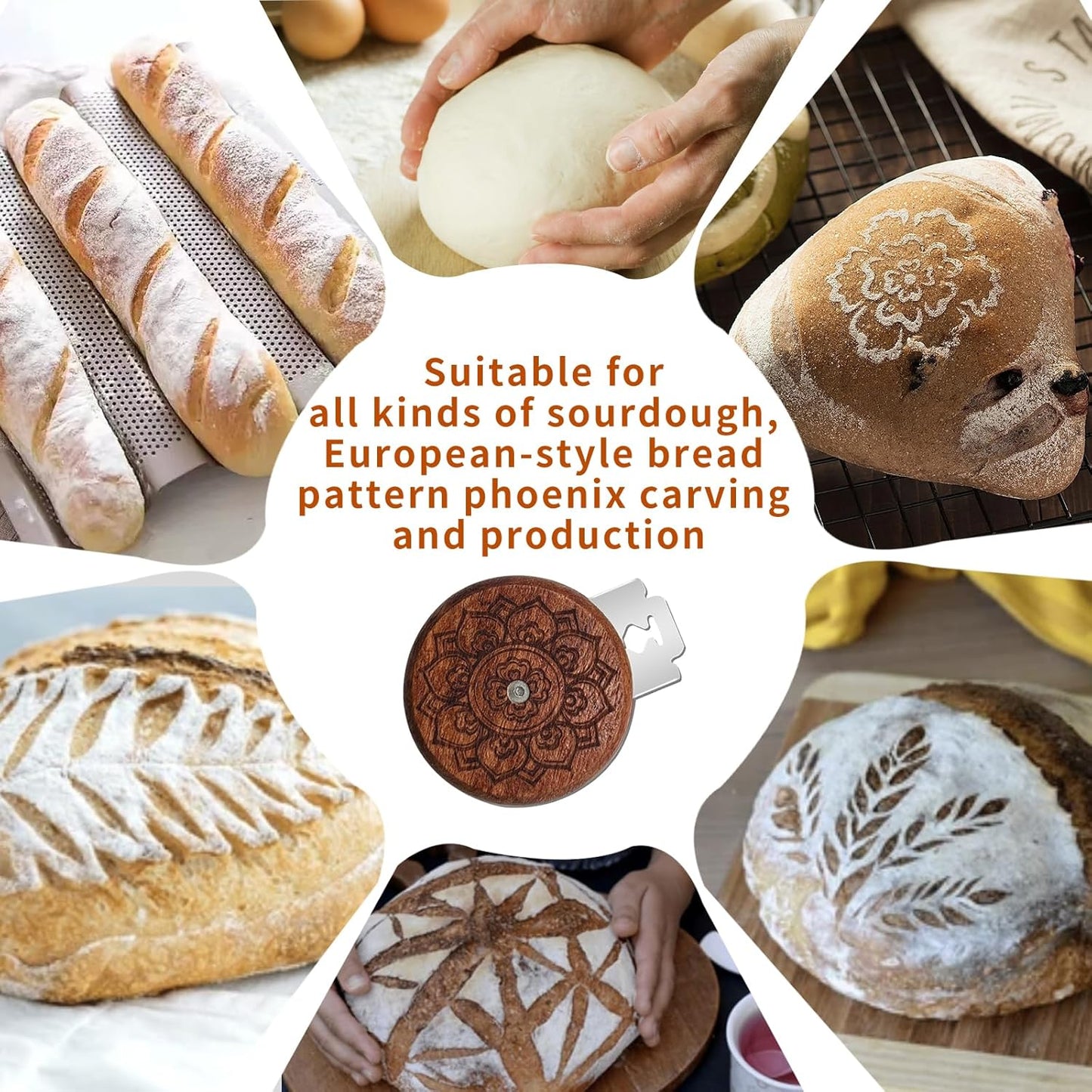 UFO Wooden Bread Lame Slashing Tool, Dough Scoring Knife with 5 Razor Blades and Storage Cover,Sourdough Bread Scoring Tool for Homemade (Lotus patterns)