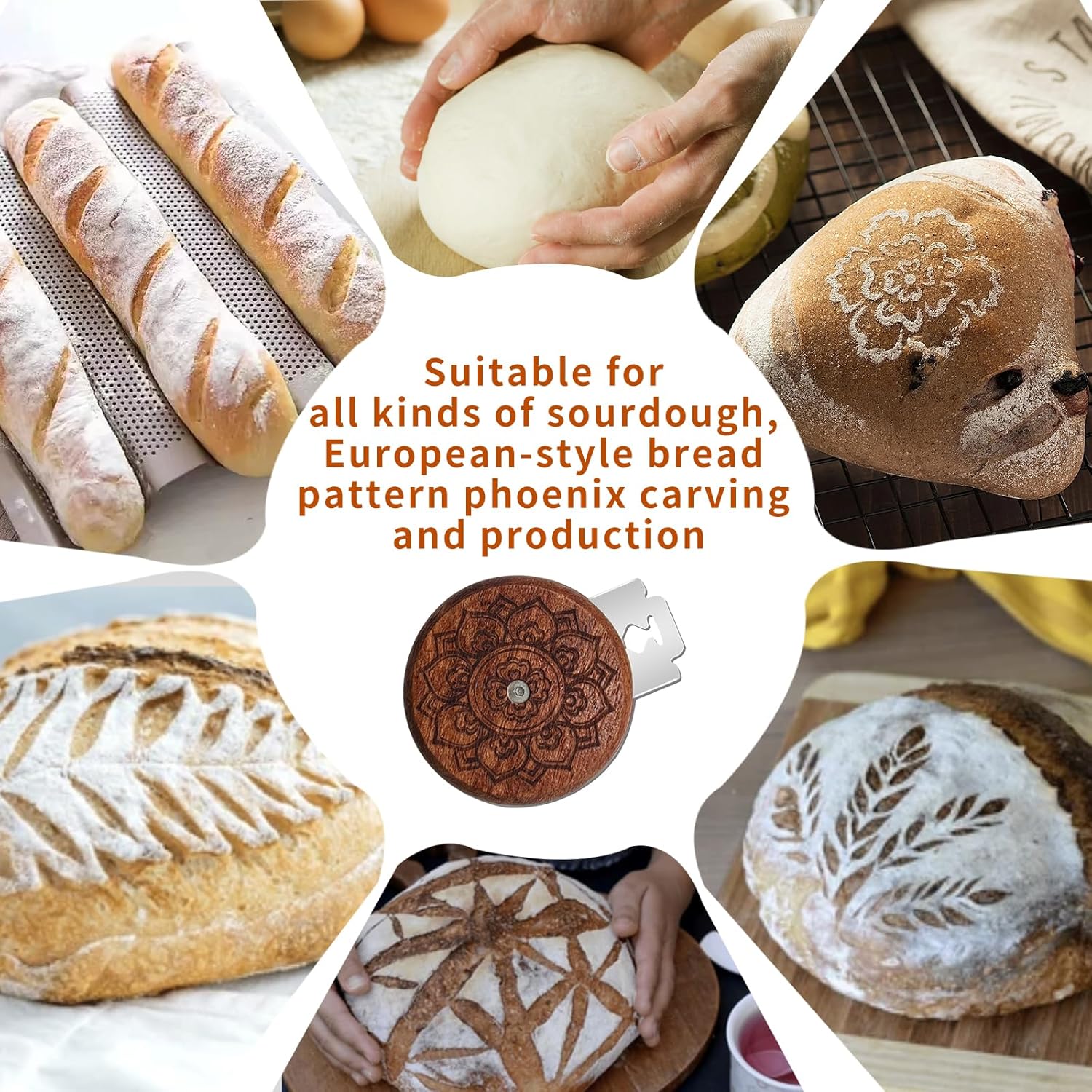 UFO Wooden Bread Lame Slashing Tool, Dough Scoring Knife with 5 Razor Blades and Storage Cover,Sourdough Bread Scoring Tool for Homemade (Lotus patterns)