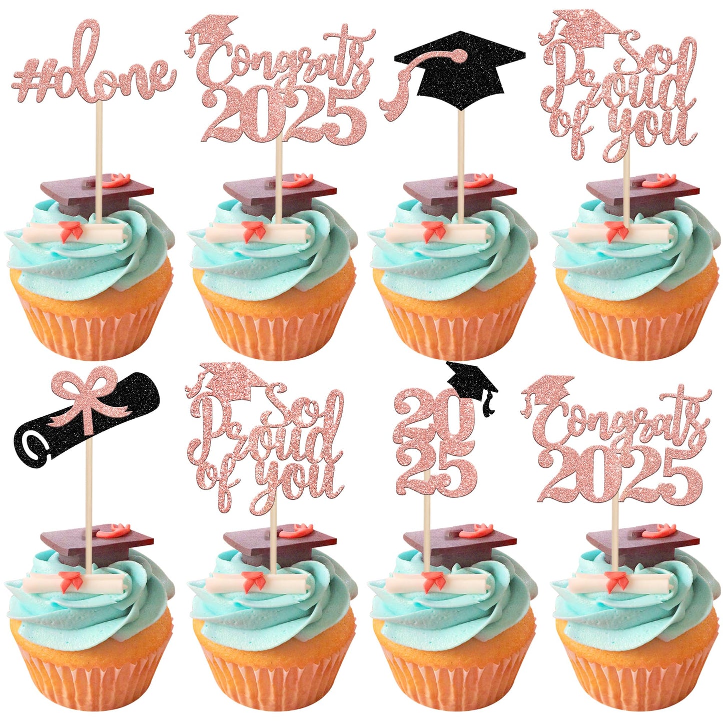 24 PCS 2025 Graduation Cupcake Toppers Glitter Diploma Congrats Grad Cap Cupcake Picks Class of 2025 Cake Decorations for 2025 Graduation Theme Party Supplies Pink