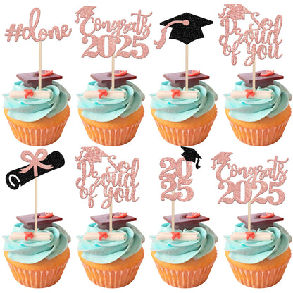 24 PCS 2025 Graduation Cupcake Toppers Glitter Diploma Congrats Grad Cap Cupcake Picks Class of 2025 Cake Decorations for 2025 Graduation Theme Party Supplies Pink