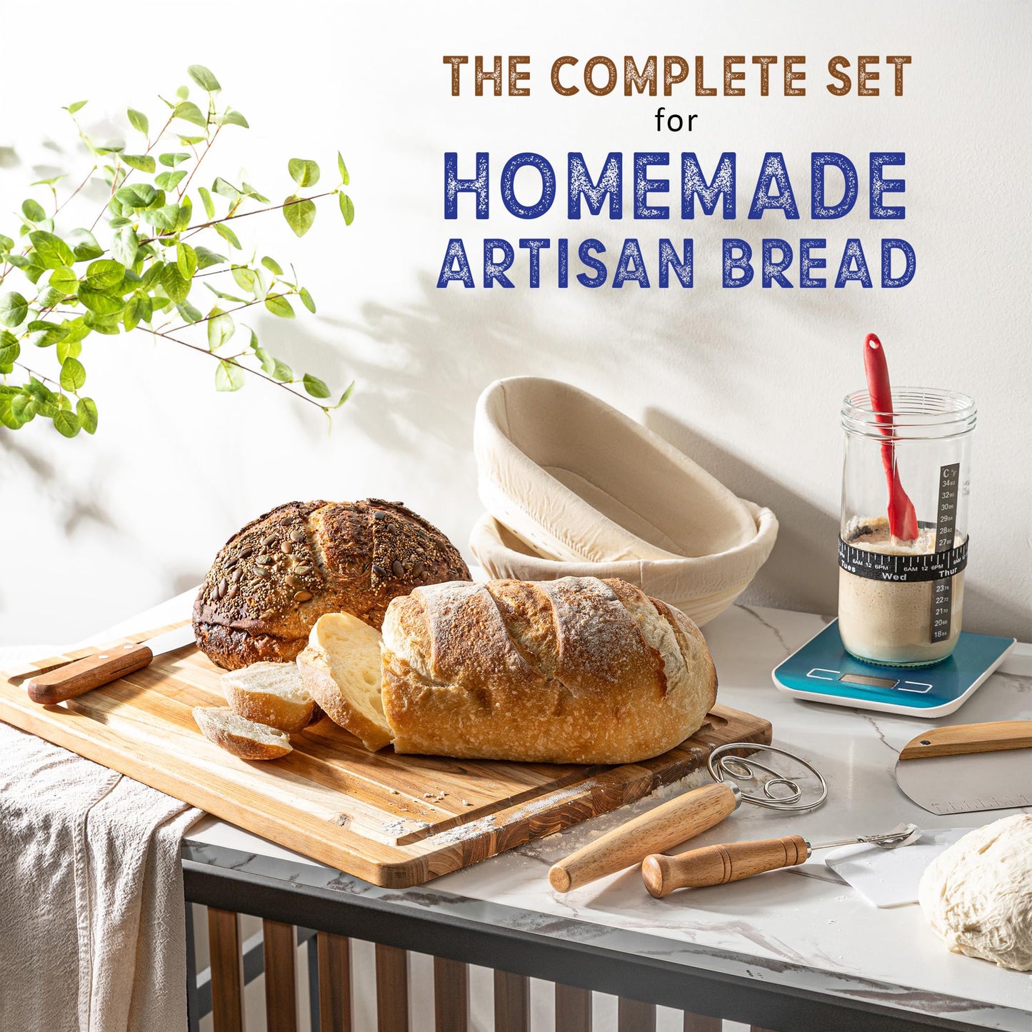 Sourdough starter kit, Inclusive sourdough bread baking supplies. Sourdough Starter Jar, banneton bread proofing basket, dough whisk,Includes all bread making tools.