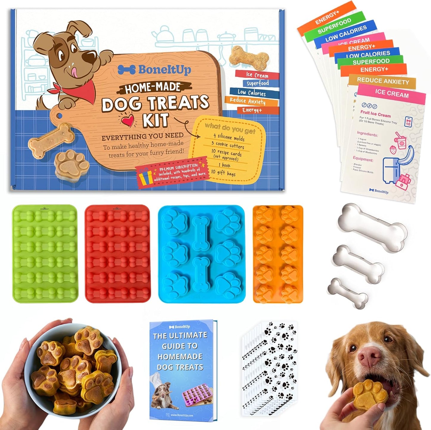 Homemade Dog Treats Set Silicone Molds Cookie Cutters with Healthy Vet Approved Recipes, Puppy Treats with Paws & Bones Food Grade Silicone Trays and for Candy and Dog Ice Cubs