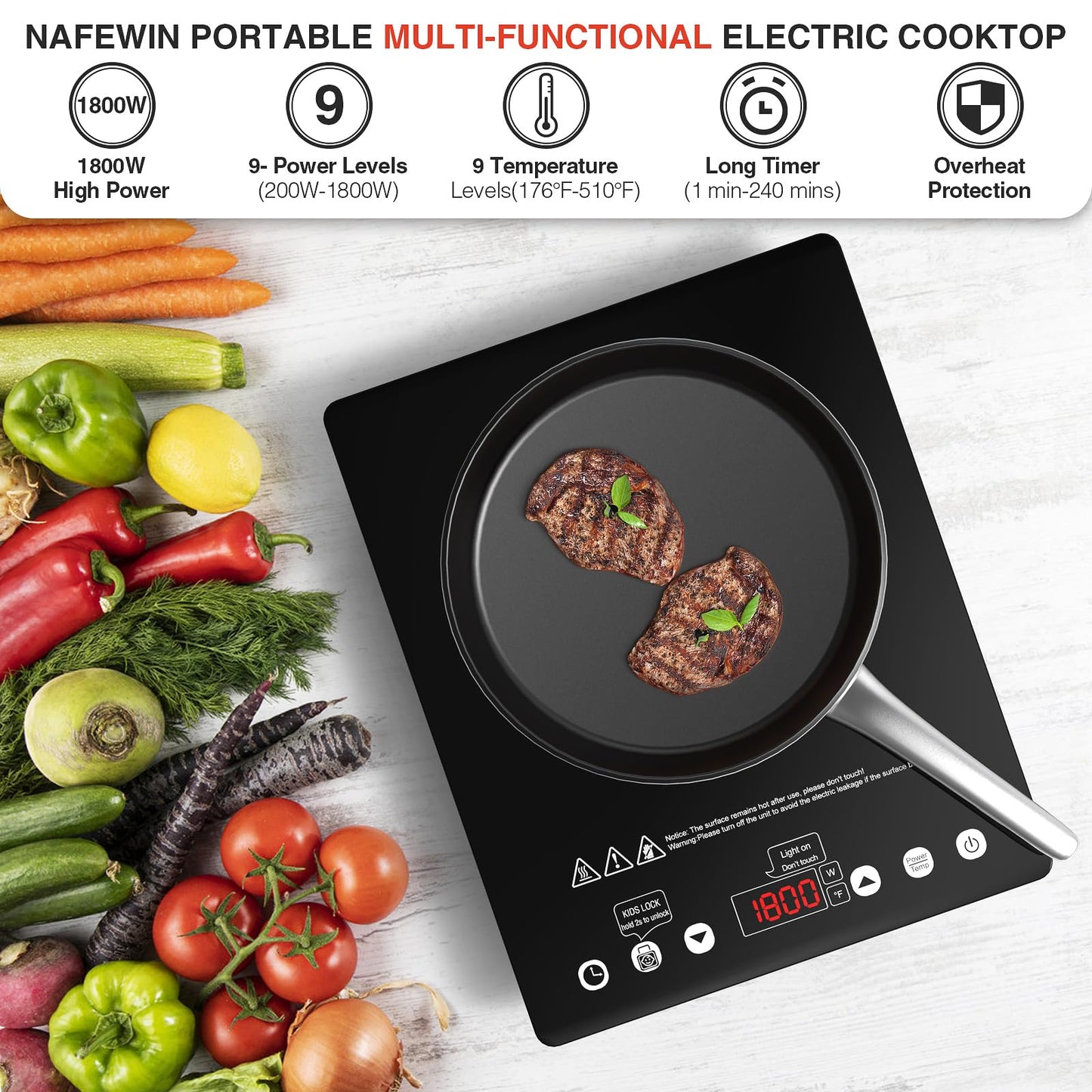 Nafewin Single Burner Electric Cooktop 1800W - 110V Electric Stove Top Burner Portable Stove with Touch Control 9 Power Level - Induction Cooktop with Child Safety Lock Timer for Home Camping