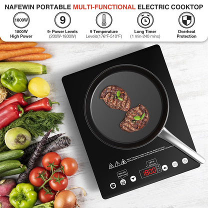 Nafewin Single Burner Electric Cooktop 1800W - 110V Electric Stove Top Burner Portable Stove with Touch Control 9 Power Level - Induction Cooktop with Child Safety Lock Timer for Home Camping