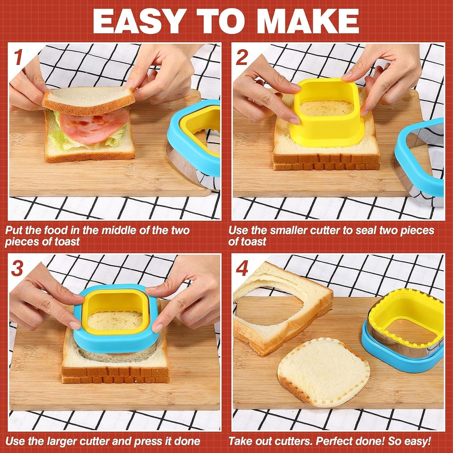 HINZER Sandwich Cutter and Sealer Set Uncrustables Maker 4 Pcs Bread Decruster Pancake Maker Heart Square Circle Dinosaur Shape DIY Cookie Cutters Gift for Kids Adult Boys Girls