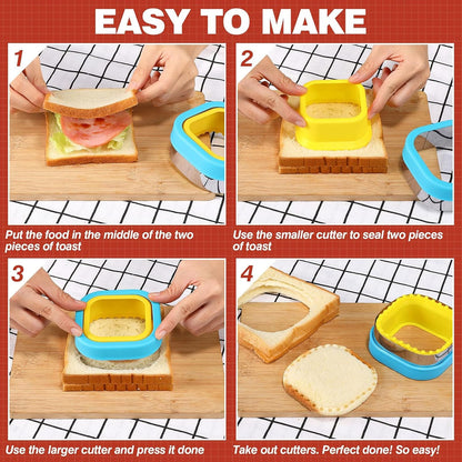 HINZER Sandwich Cutter and Sealer Set Uncrustables Maker 4 Pcs Bread Decruster Pancake Maker Heart Square Circle Dinosaur Shape DIY Cookie Cutters Gift for Kids Adult Boys Girls