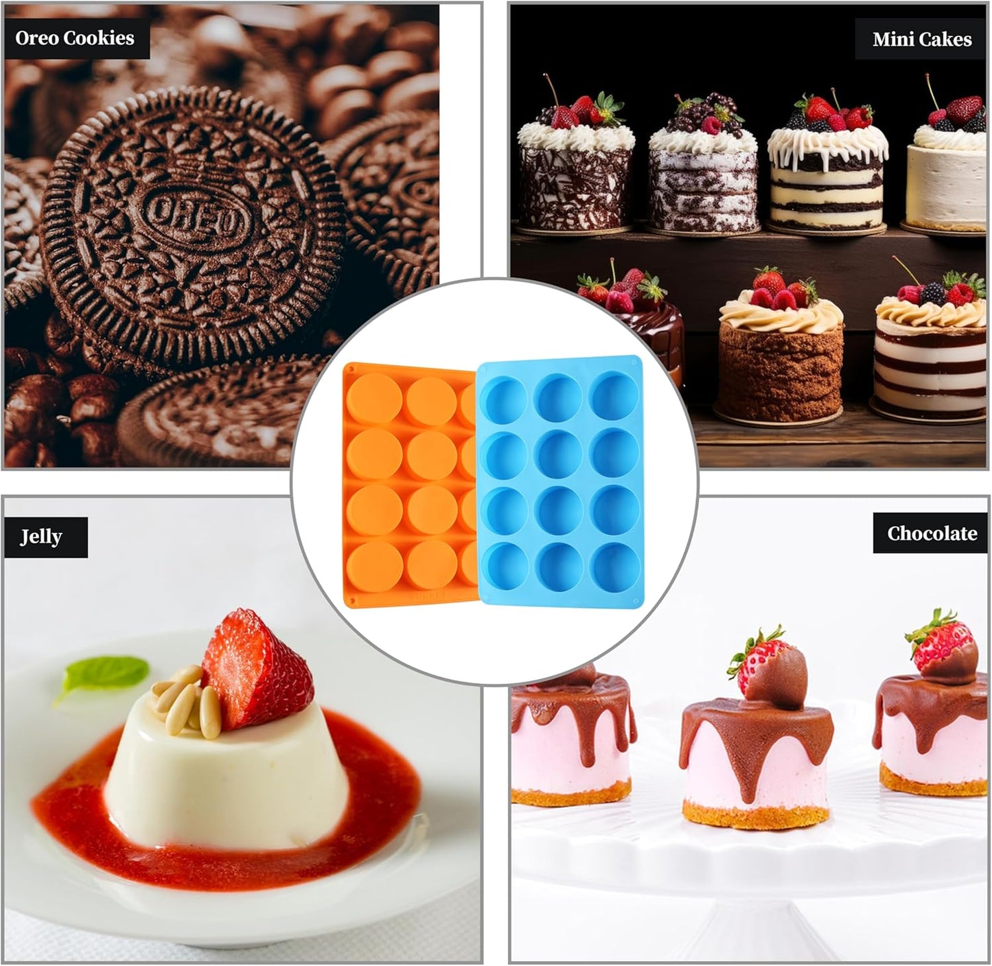 2PCS Silicone Oreo Molds, LCCOWOT 12 Cavity Cookie Chocolate Round Silicone Mold, Baking Mold for Chocolate, Oreo, Cookie, Cany, Mini Cake, Dishwasher Safe (Orange+Blue)