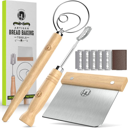 LHU Bread Making Tools and Supplies - Set of 3 - Danish Dough Whisk, Bread Lame, Bench Scraper - Dough Hook with Bread Scraper, Lame Bread Tool, Blades - Great for Baking Sourdough, Pizza, Pastry