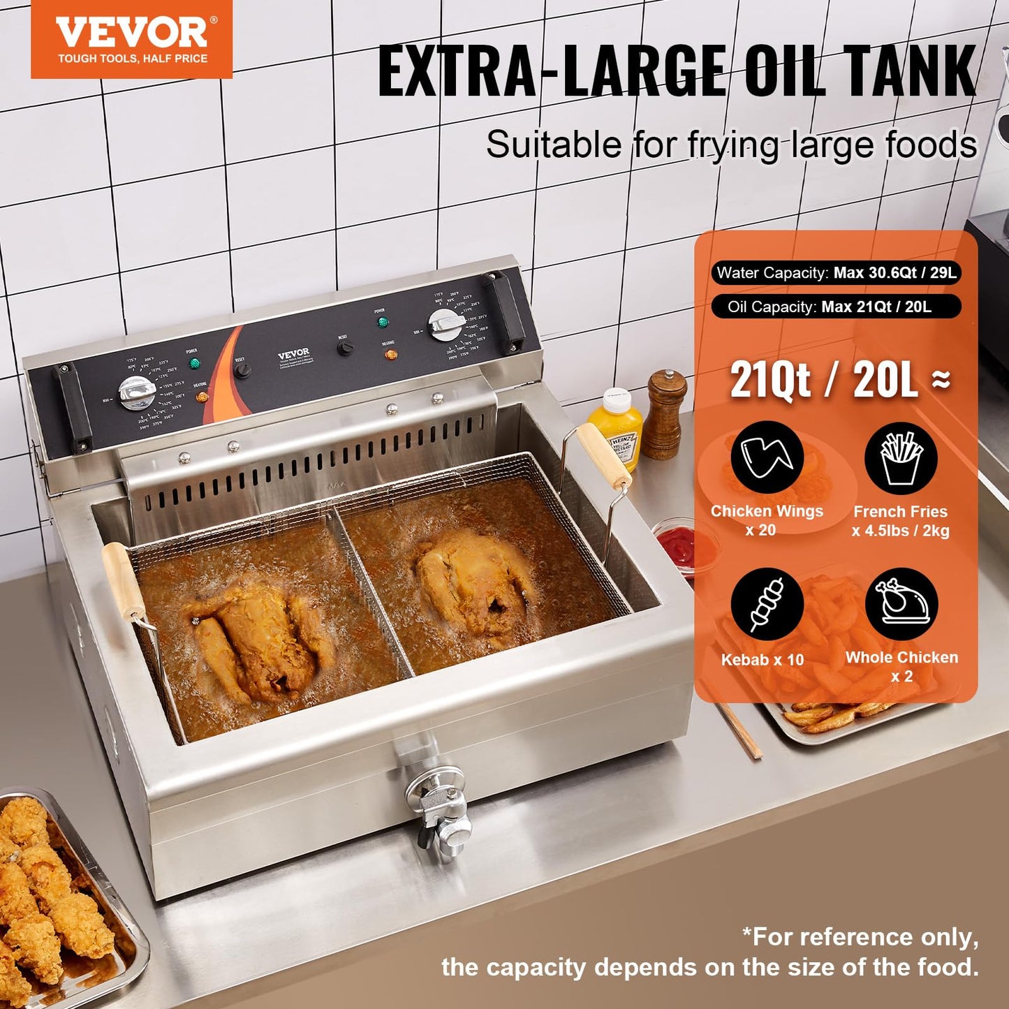 VEVOR Commercial Deep Fryer, 3000W Electric Turkey Fryer with Basket, Large Capacity 30.6Qt / 29L Countertop Single Oil Fryer, Stainless Steel, Temp Control, for Kitchen Restaurant Use, Silver