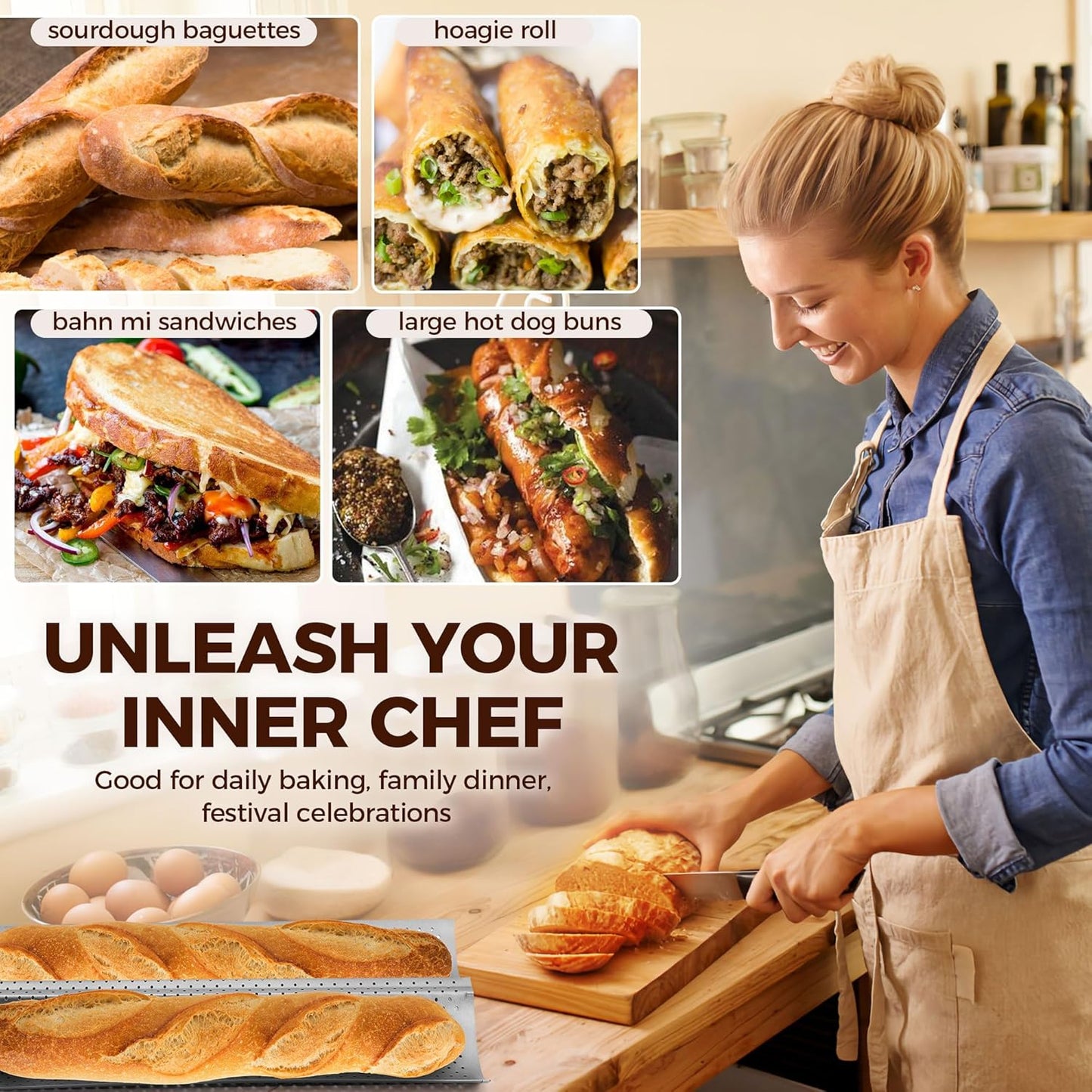 Baguette Bread Pan, Premium Nonstick Perforated French Bread Baking Pan, 2 Loaves Baguette Tray for Sourdough, Italian Bread Baking, Perfect for Creating Crisp Golden-Brown Crust