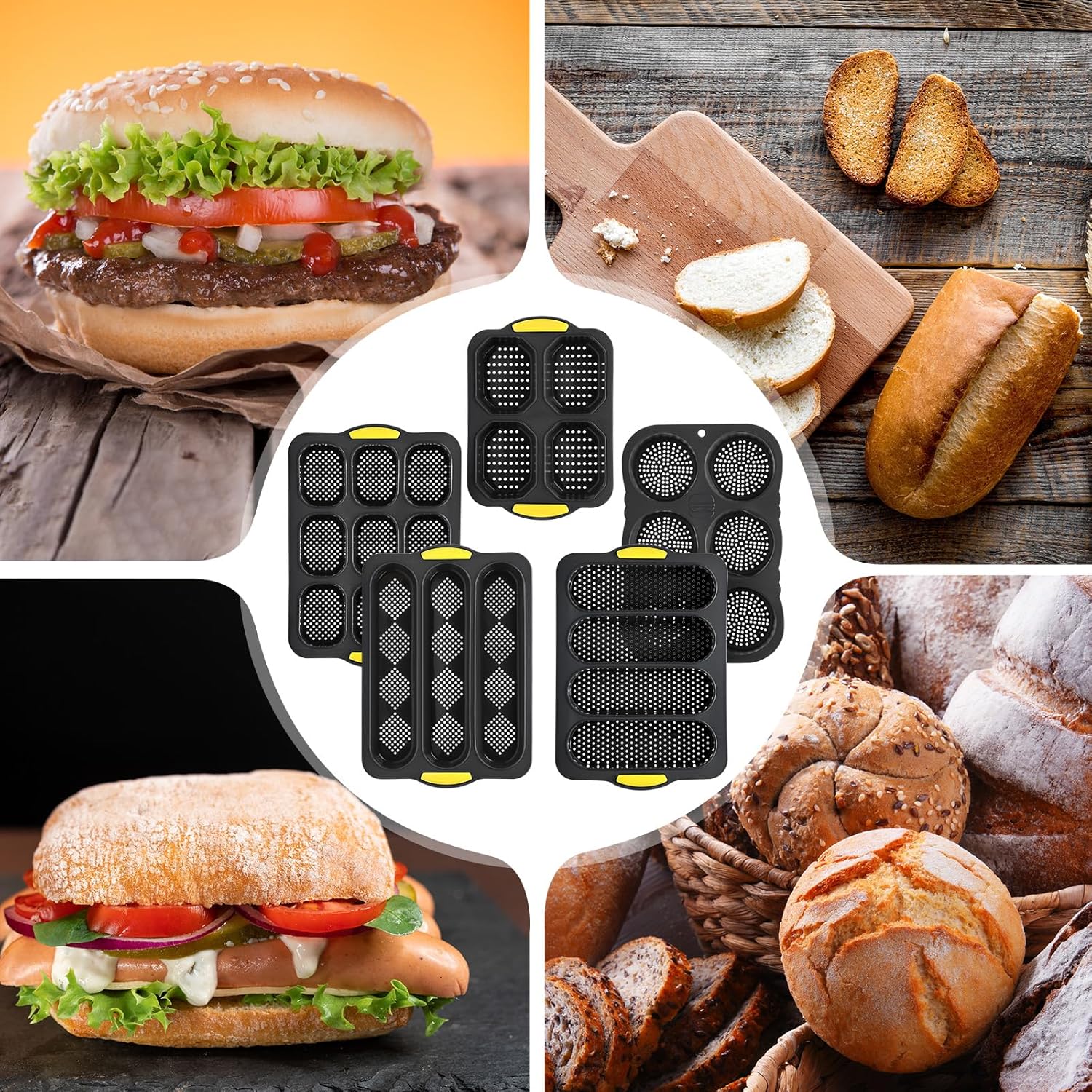 8 Pcs Silicone Baguette Hamburger Bun Baking Pan Set 4 6 9 Cup French Bun Mold 3 Cup Nonstick Baguette Bread Pan with Tool for Homemade Bread Loaf Sandwich Microwave