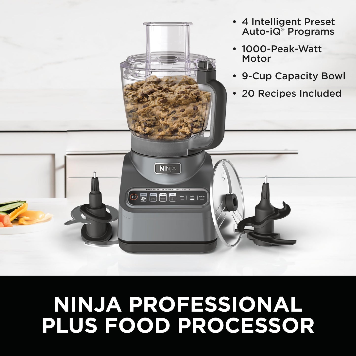 Ninja Food Processor, Professional Plus, 1000 Peak Watts, 4 Functions for Chopping, Slicing, Purees & Dough with 9-Cup Processor Bowl, 3 Blades, Food Chute & Pusher, Silver, BN601