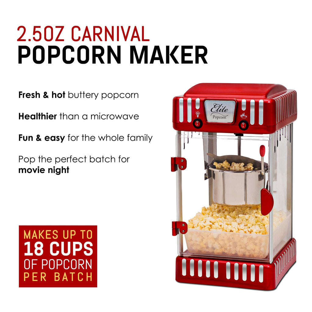Elite Gourmet EPM-250 Maxi-Matic 2.5 унції класичний Carnival, настільний чайник для попкорну, ретро-стиль, гарячий попкорн з маслом, червоний