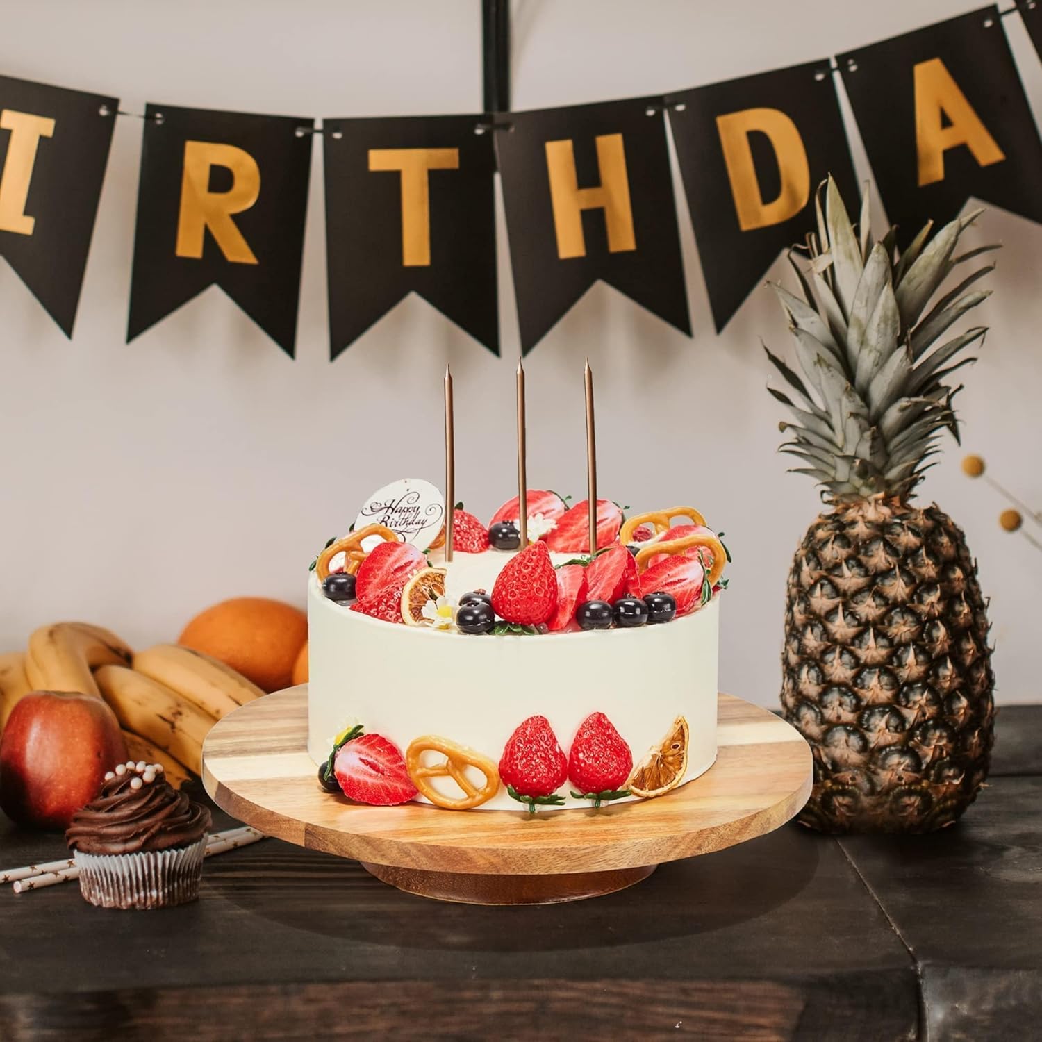 12" Acacia Wood Revolving Cake Stand, 2" High Rotating Cake Turntable, Wooden Rotating Display Stand for Cake, Cupcake Decorating Supplies