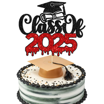 1Pc Congrats Grad 2025 Cake Topper Red Glitter Diploma Graduation Cap Cake Pick Congrats Class of 2025 Cake Decorations for 2025 Graduation Theme High School Boys Girls Graduate Party Supplies