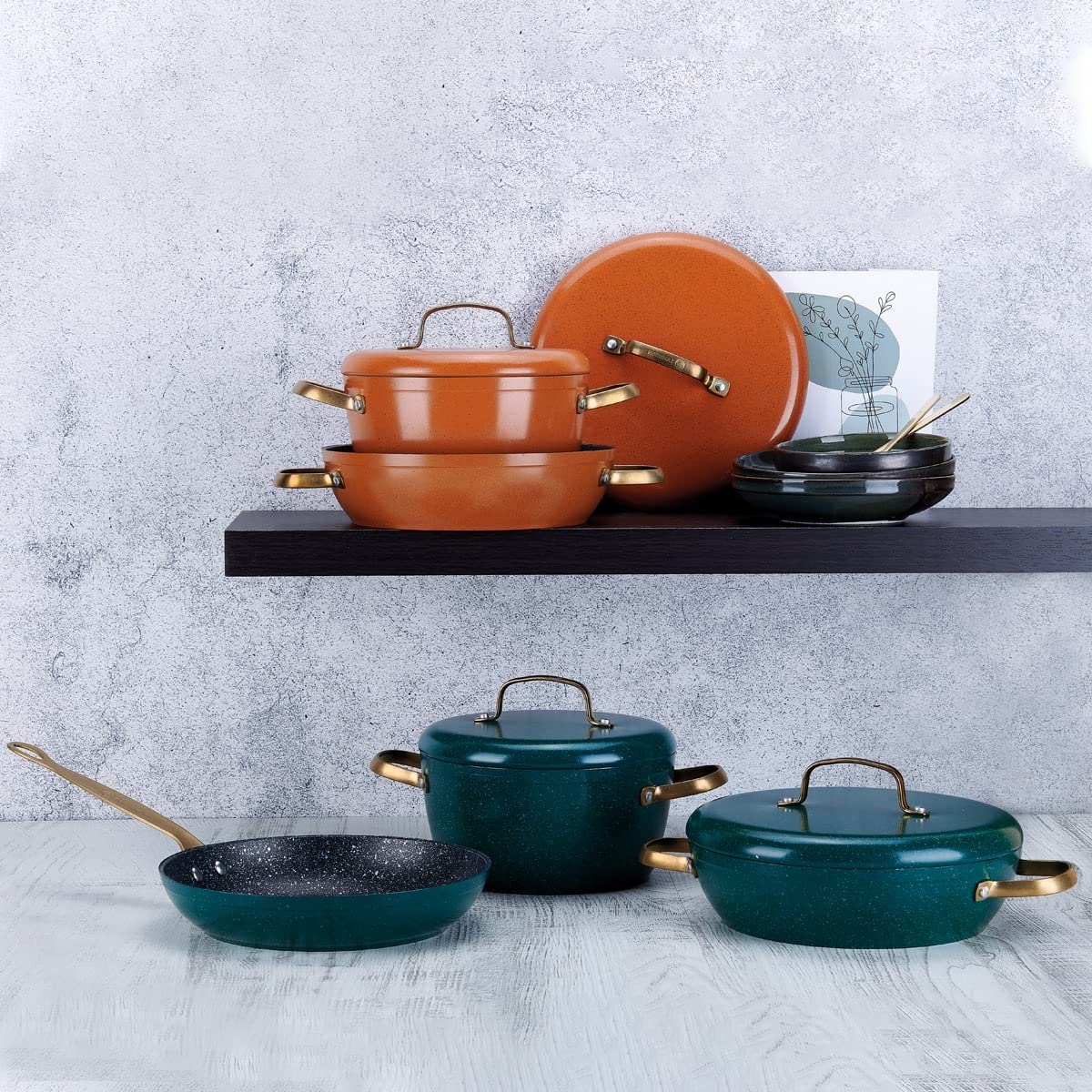 Korkmaz Vintage Cookware Set | 5 Pcs Nonstick Pot Set with Lid | Mixed Granite Casserole Set with Bronze Stay Cool Stainless Steel Handles | Cooking Set with Frying Pan | Oven Dishwasher Safe | Green