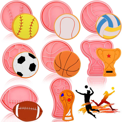 8 Pieces Sport Ball and Birthday Cookie Stamps with Plunger Cutters Set 3D Football Volleyball Soccer Basketball Cake Flower Shape Biscuit Cutter Cookie Stamps for DIY Supplies(Ball Style)