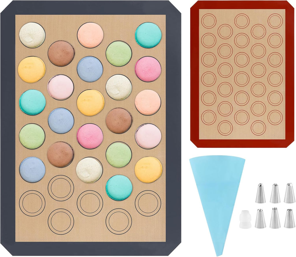 16Pcs Macaron Silicone Baking Mats Kit, Reusable Nonstick Macarons Baking Supplies Silicone Bakeware Mats with Baking Tools for Oven, Cookie, Bread(Brown,Size:16.5x11.6inch)