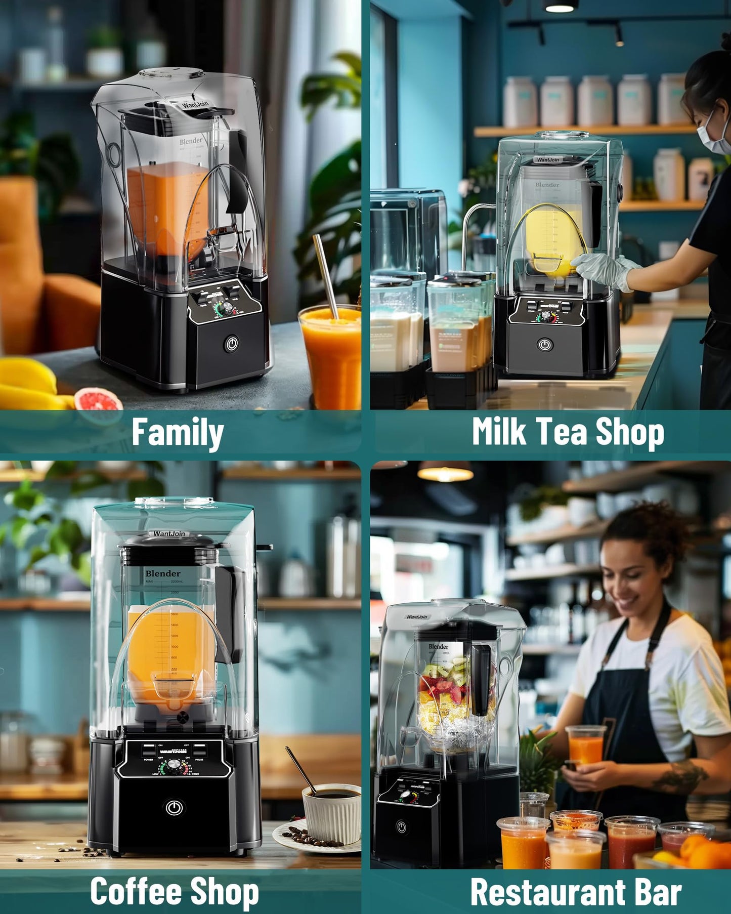 WantJoin Professional Commercial Blender With Shield Quiet Sound Enclosure 2200W Industries Strong and Quiet Professional-Grade Power, Self-Cleaning, Black