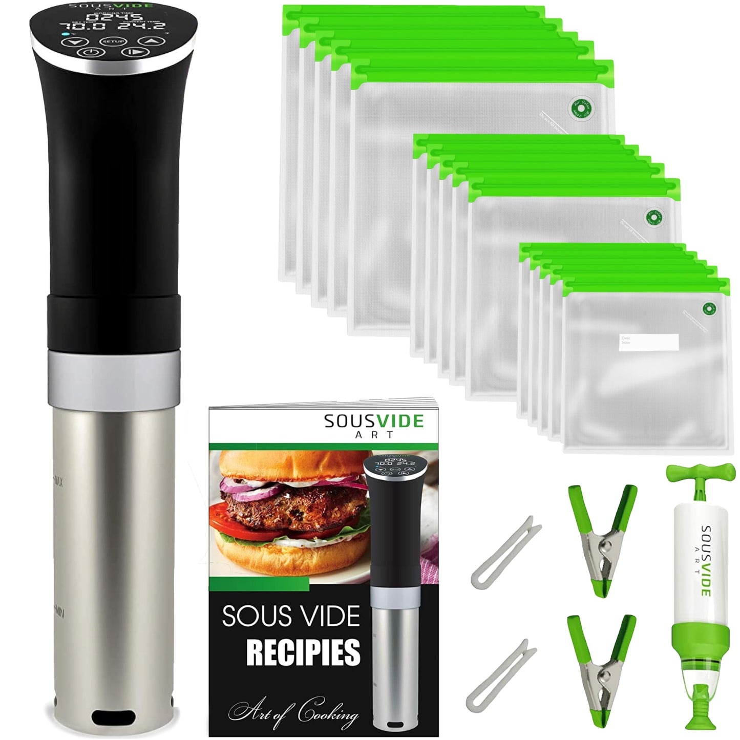 SOUSVIDE ART Sous Vide Cooker Kit - 1000W Immersion Circulator - 15 Vacuum Bags, Pump, Digital Timer and Temperature Control; Complete Sous Vide Machine Cooking Kit for Home Chefs and Beginners