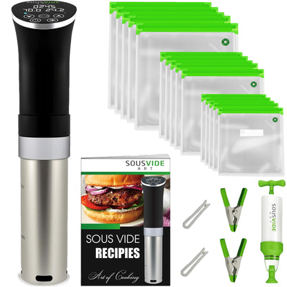 SOUSVIDE ART Sous Vide Cooker Kit - 1000W Immersion Circulator - 15 Vacuum Bags, Pump, Digital Timer and Temperature Control; Complete Sous Vide Machine Cooking Kit for Home Chefs and Beginners