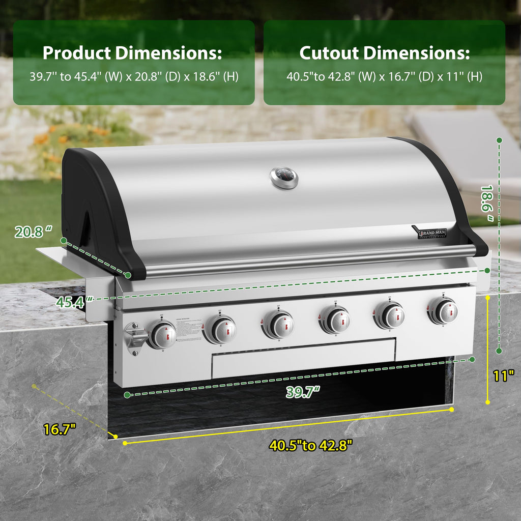 Grill gazowy Brand-Man Propane, 40-calowy, 6-palnikowy, wbudowany grill na wyspie, kuchnia zewnętrzna na gaz ziemny, rozkładany, wytrzymała stal nierdzewna 304, 60 000 BTU
