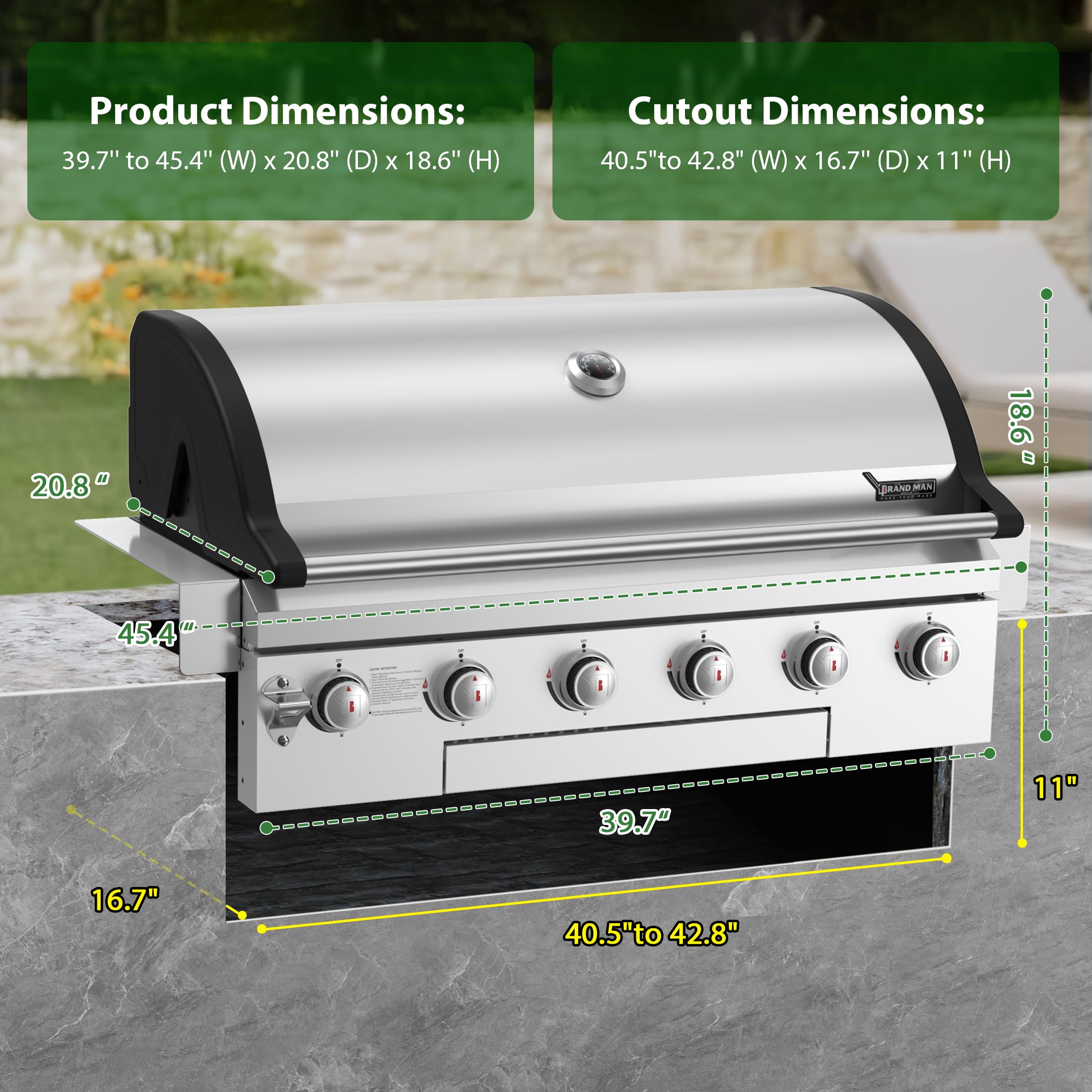 Grill gazowy Brand-Man Propane, 40-calowy, 6-palnikowy, wbudowany grill na wyspie, kuchnia zewnętrzna na gaz ziemny, rozkładany, wytrzymała stal nierdzewna 304, 60 000 BTU