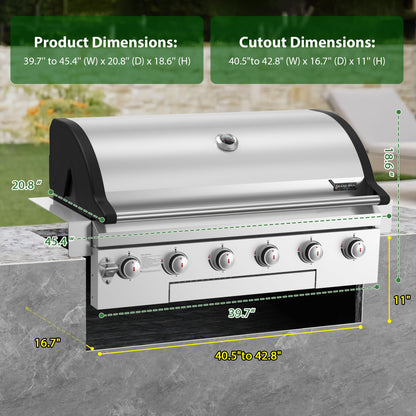 Brand-Man Propane Gas Grill, 40-Inch 6-Burner Built-In Head BBQ Island Outdoor Kitchen, Natural Gas Convertible, Heavy Duty 304 Stainless Steel, 60,000BTUs