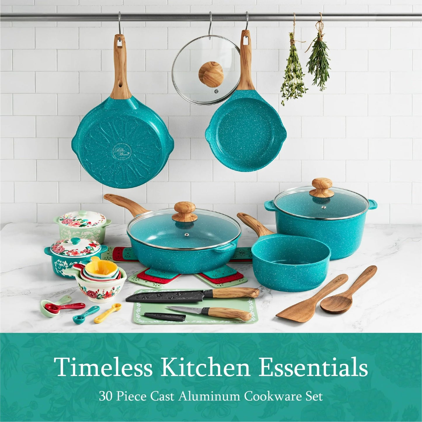 The Pioneers Womans Prairie Signature 30-Piece Cast Aluminum Cookware Set, Teal – Nonstick, Oven Safe, Durable Cookware with Utensils, Knives, and Storage Protection