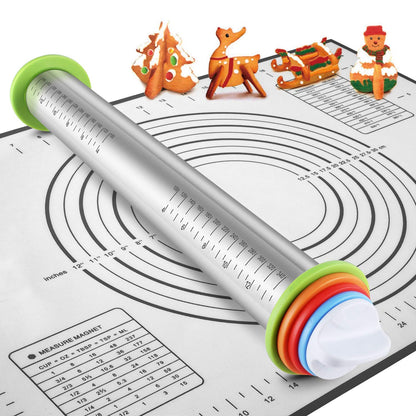 Stainless Steel Rolling Pin and Silicone Mat Set, Adjustable Thickness Rings - For Baking Dough, Pizza, Pies, Pastries, Pasta, Cookies