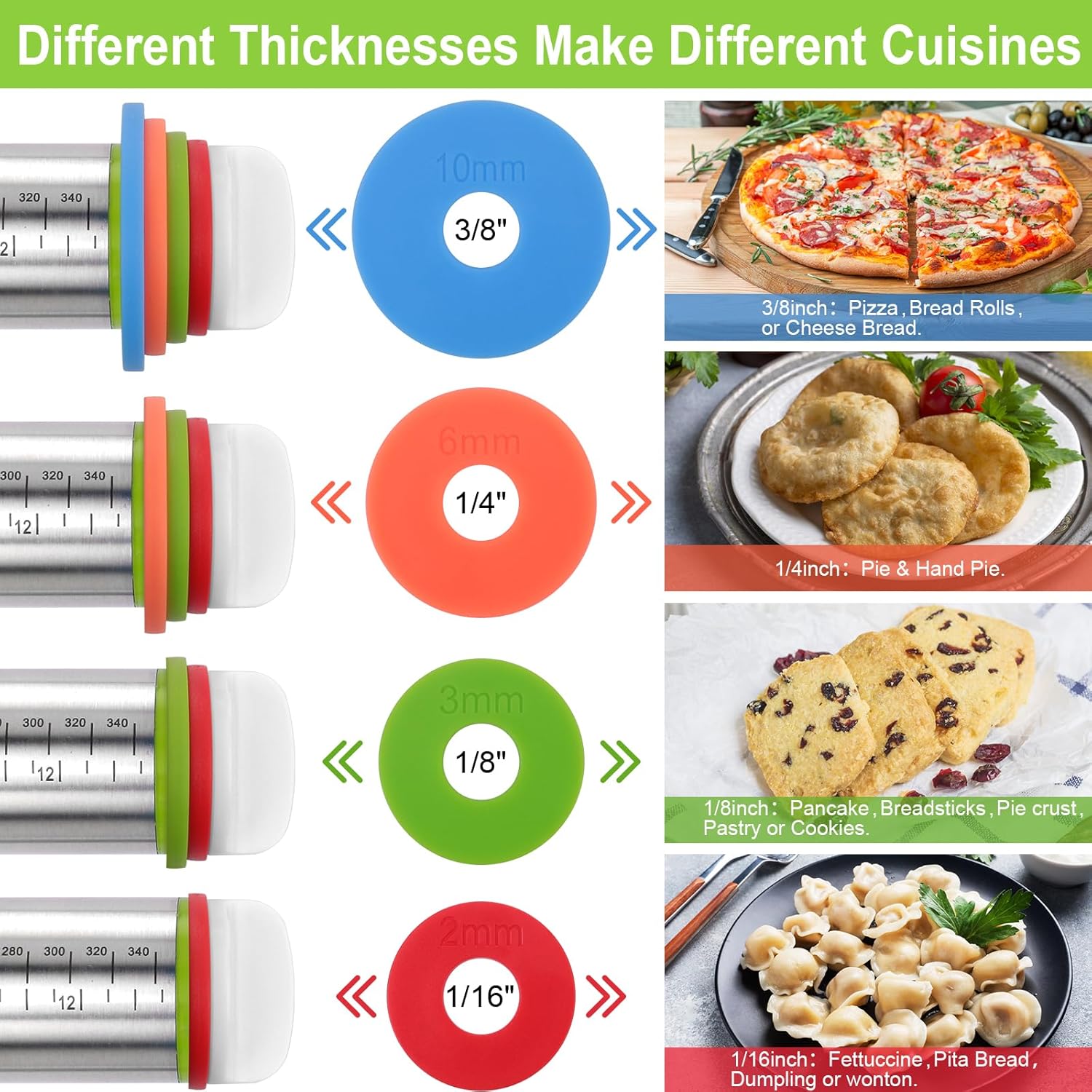 Adjustable Rolling Pin with Thickness Rings for Baking, Stainless Steel Designs Dough Roller Pins for Cookie Decorating Baking Supplies Fondant Cake Baker