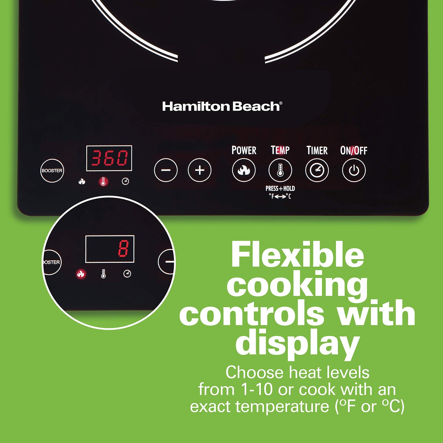 Hamilton Beach Portable Single Induction Cooktop Countertop Burner Hot Plate with Fast Heating Mode, 1800 Watts, 10 Temperature Settings up to 450F, Black (34104)