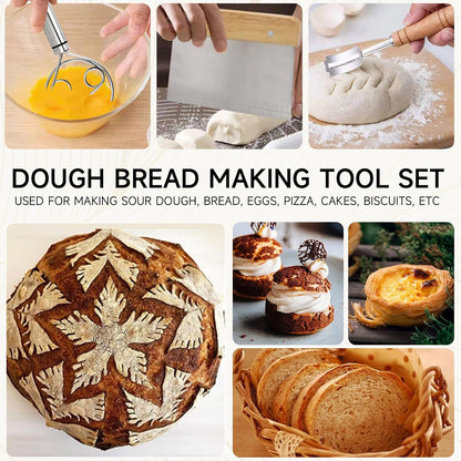 Hand Crafted Bread Lame Premium Sourdough Scoring Tool Bread Making Tools Set of 3 pieces Bread Knife(5 Blades) with Danish Dough Whisk and Dough Scraper Bread Cutter