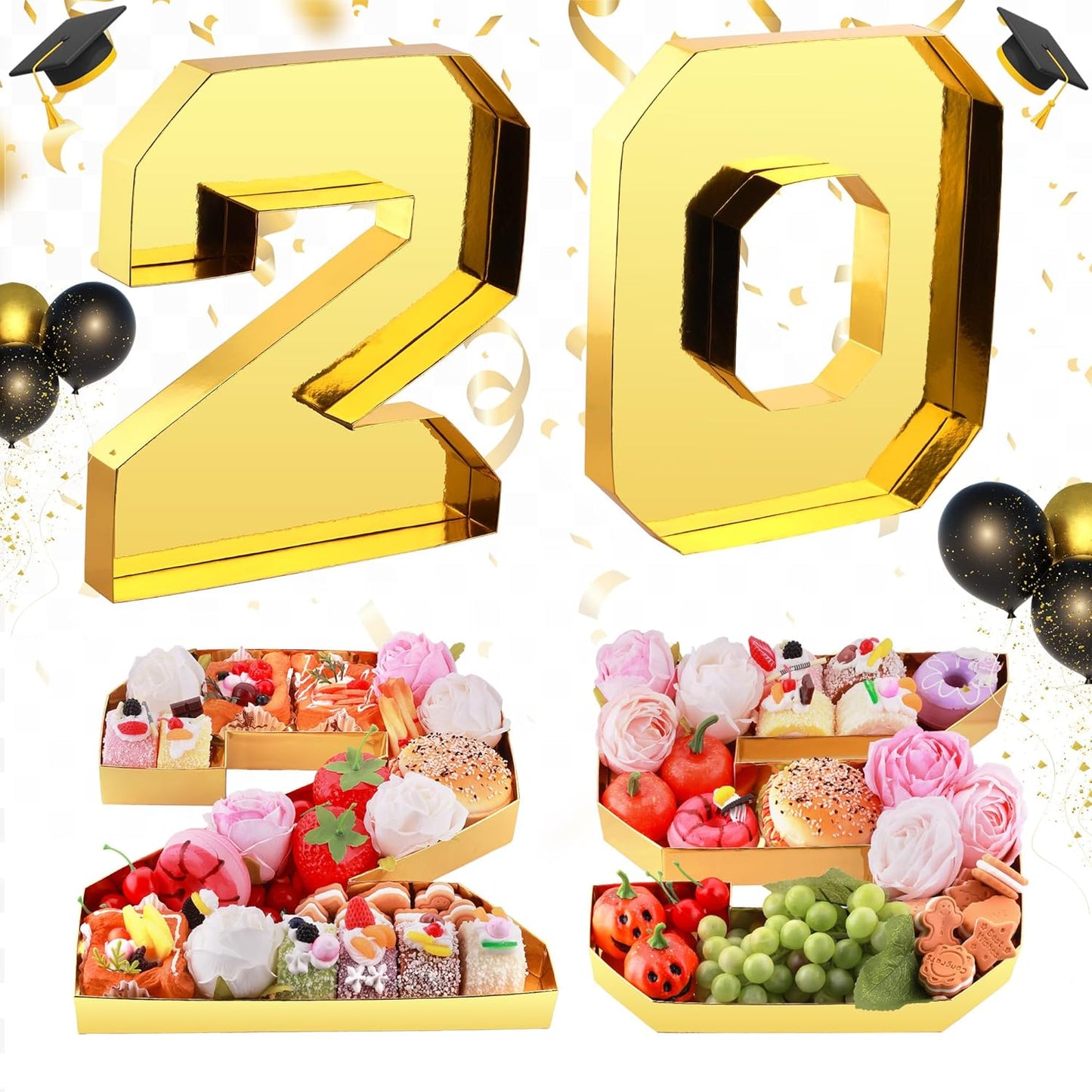 4Pcs 13.7" Graduation Decorations, 2025 Charcuterie Numbers Fillable for Graduation, Food Trays for Chocolate Cookies Goodie Cupcake Candy Tray Grad Party Board Box