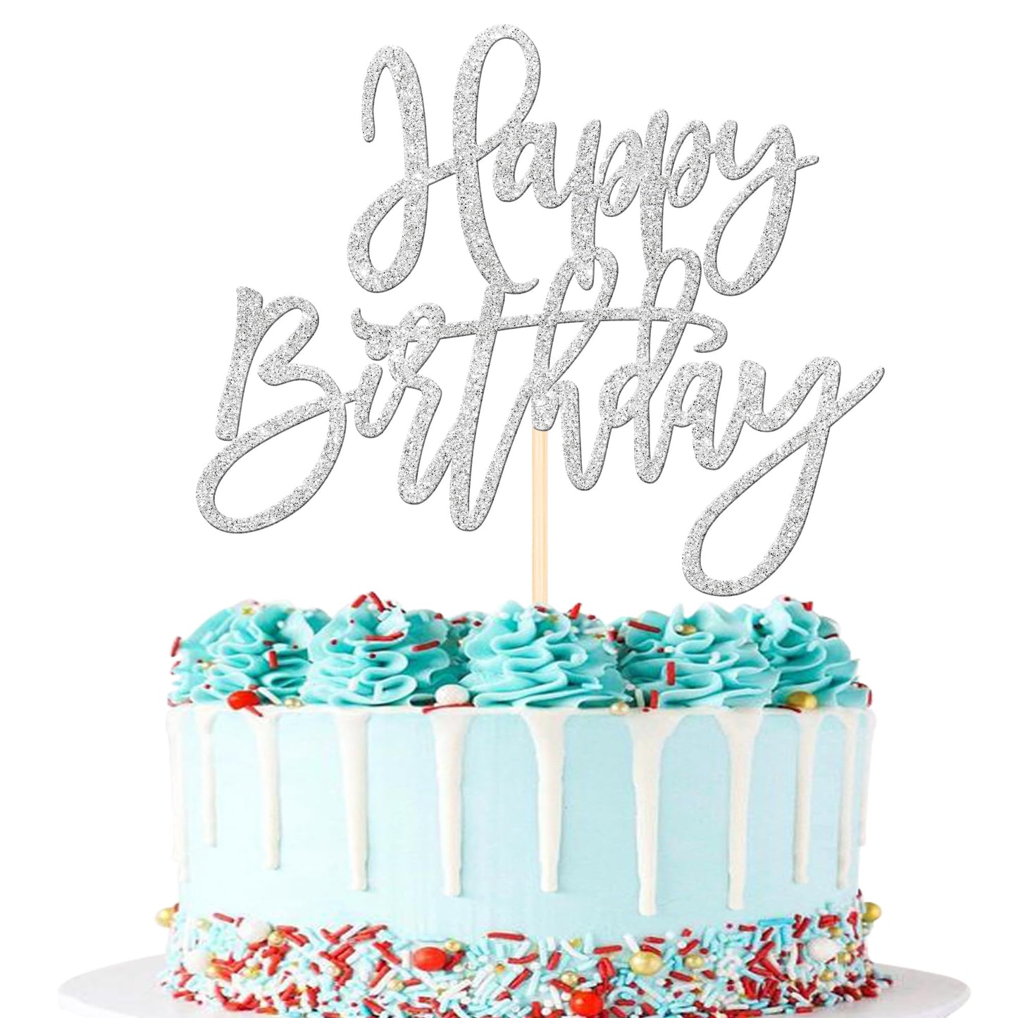 1 PCS Happy Birthday Cake Topper Glitter Cake Pick for Celebrating Anniversary Theme Party Cake Decorations Supplies Light Pink