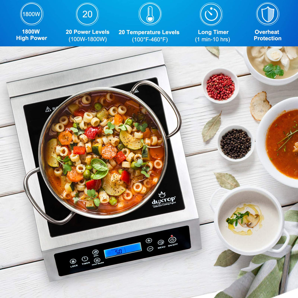 Duxtop Professional przenośna kuchenka indukcyjna, palnik do użytku komercyjnego, palnik indukcyjny o mocy 1800 W z czujnikiem dotykowym i ekranem LCD, P961LS/BT-C35-D, srebrny/czarny