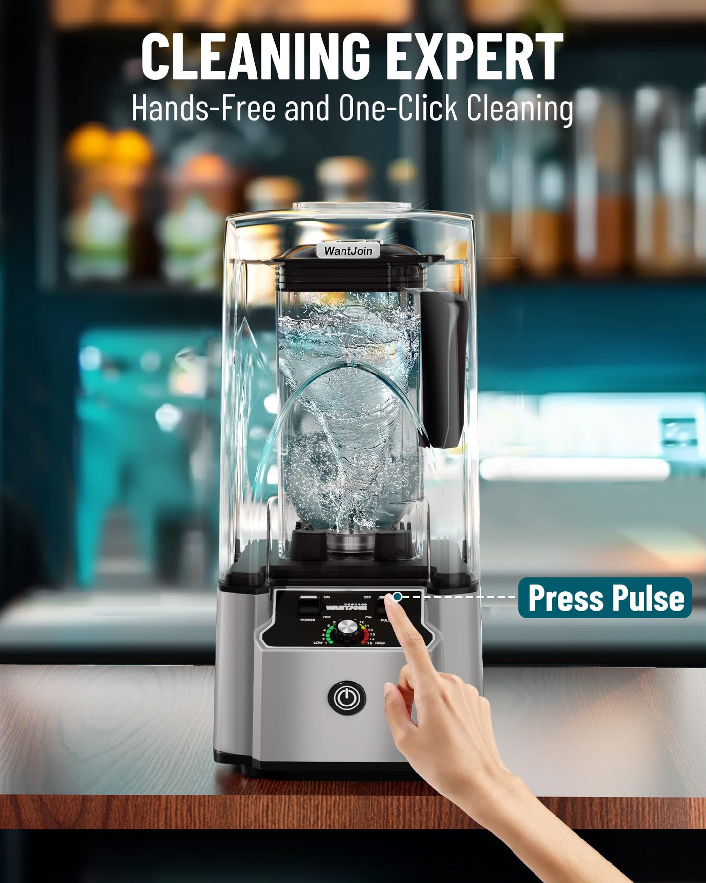 WantJoin Commercial Professional Blender With Shield Quiet Sound Enclosure 2200W Industries Strong and Quiet Professional-Grade Power, Self-Cleaning, Silver