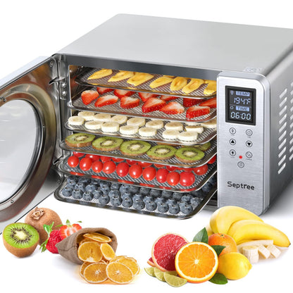 Septree Silver Retro Food Dehydrator- 6 Stainless Steel Trays, 190℉ Max Digital Temperature Control, Built-in Light, 500W Efficient Drying Machine for Beef Jerky Fruit Mushroom& Yogurt