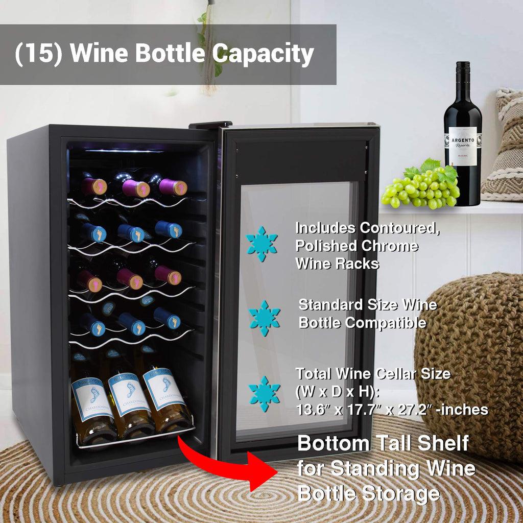 nutrichef 15 Bottle Fridge | Red and White Chiller | Adjustable Temp Control 41°F to 64°F | Ultra Quiet Operation | Mini Wine Cooler Built for Home, Office, Kitchen Counter, 27x13x17, Stainless Steel