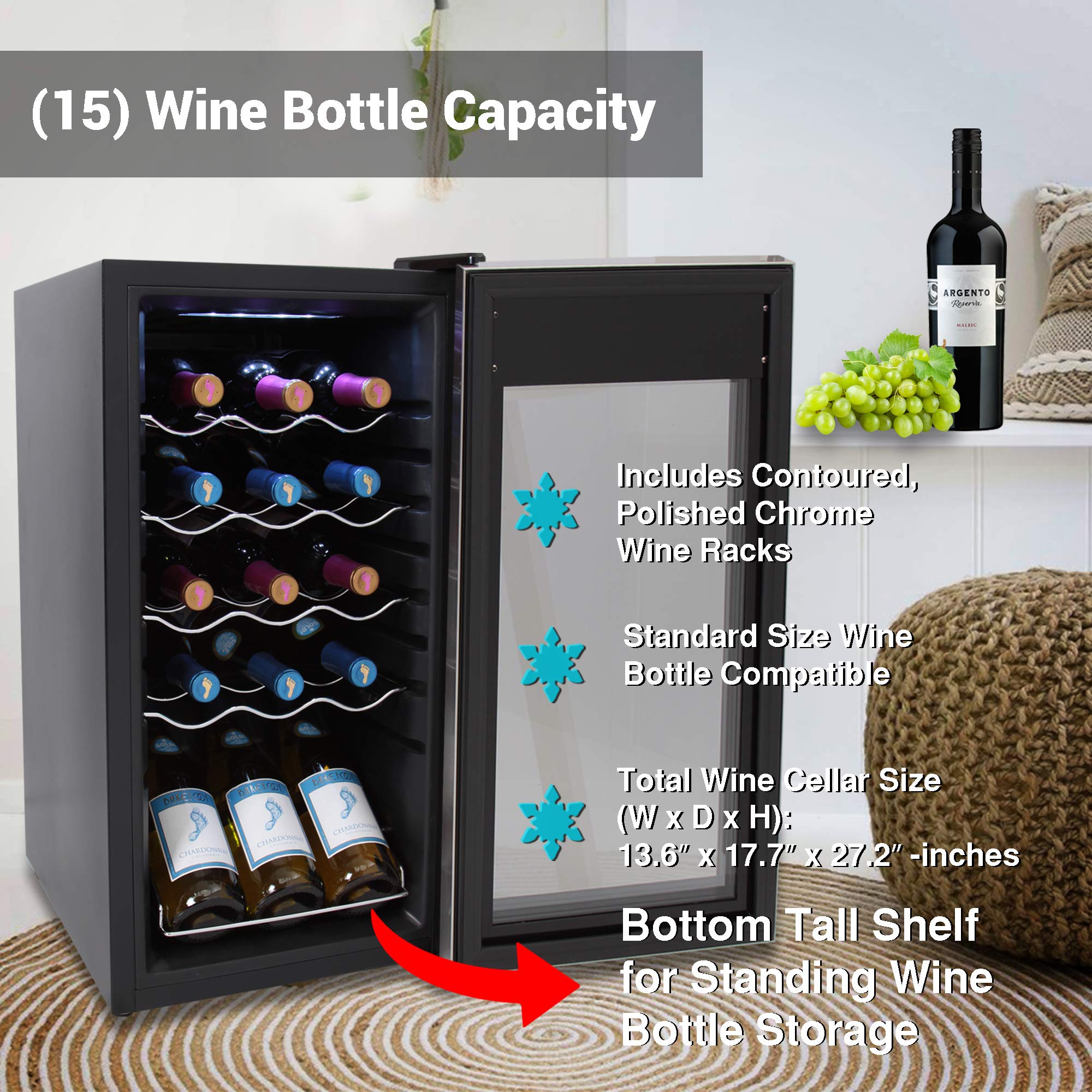 nutrichef 15 Bottle Fridge | Red and White Chiller | Adjustable Temp Control 41°F to 64°F | Ultra Quiet Operation | Mini Wine Cooler Built for Home, Office, Kitchen Counter, 27x13x17, Stainless Steel