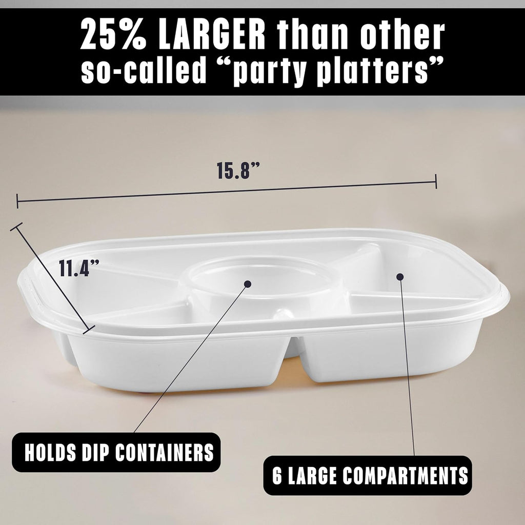 Buddeez Jumbo Divided Serving Tray with Lid - Includes 6 Bins for Party Platter, Snackle Box Container, Fruit and Veggie Tray, Chip