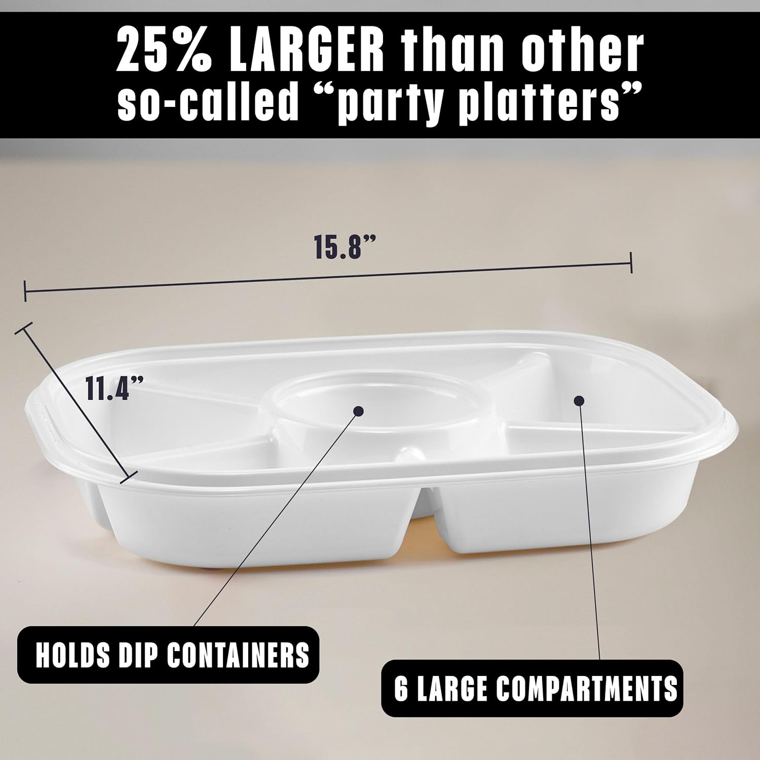 Buddeez Jumbo Divided Serving Tray with Lid - Includes 6 Bins for Party Platter, Snackle Box Container, Fruit and Veggie Tray, Chip