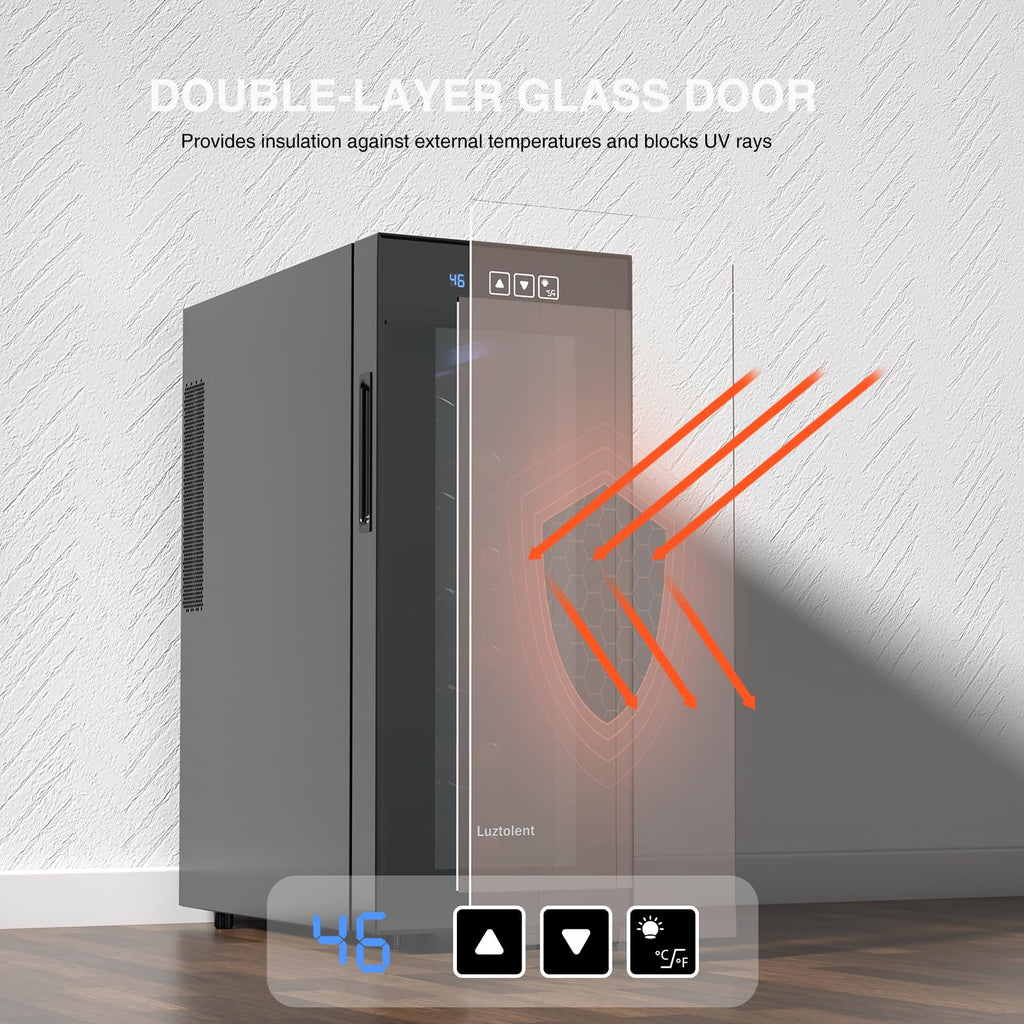 Luztolent 12 Bottles Wine Fridge, Wine Cooler Refrigerator, 46-66℉ Digital Temperature Control & Double-chip Cooling System, 38dB Low Noise, Small Fridge for Kitchen, Condo, RV