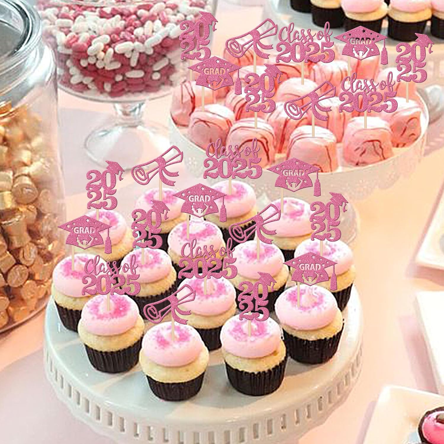 24 PCS 2025 Graduation Cupcake Toppers Glitter Diploma Congrats Grad Cap Cupcake Picks Class of 2025 Cake Decorations for 2025 Graduation Theme Party Supplies Pink