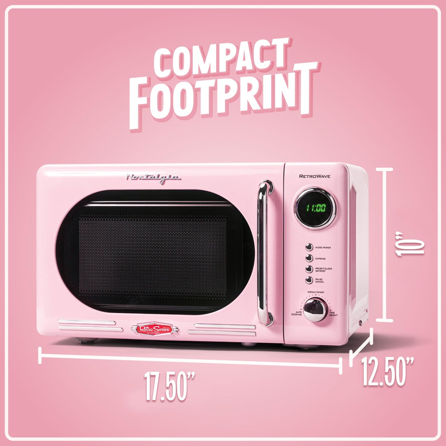 Nostalgia Retro Compact Countertop Microwave Oven - 0.7 Cu. Ft. - 700-Watts with LED Digital Display - Child Lock - Easy Clean Interior - Pink