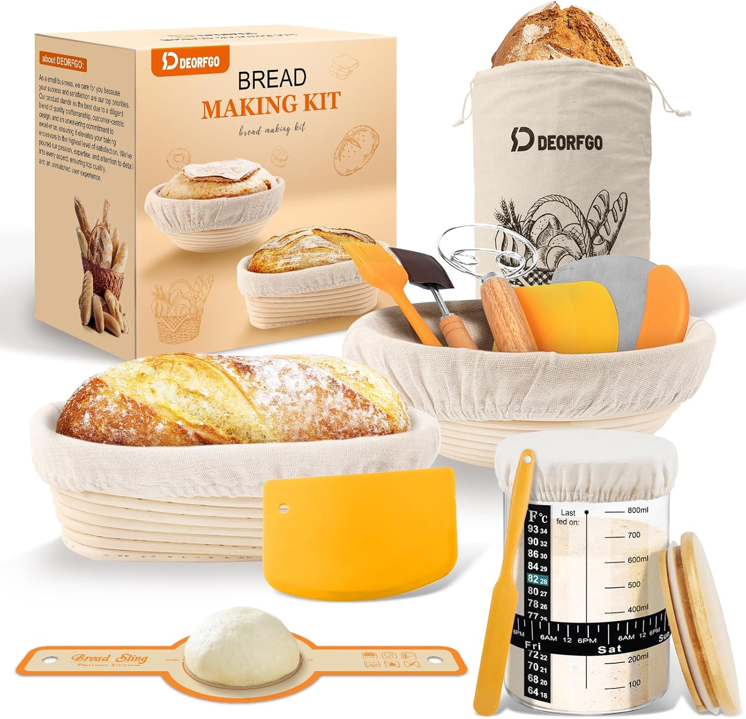 Sourdough Bread Baking Supplies Tools,10 Inch Oval & 9 Inch Round Banneton Bread Proofing Basket Set,Sourdough Starter Kit Gift for Bread Making (white with Starter Jar)