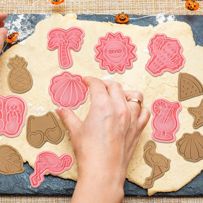 16 Pcs Summer Beach Cookie Cutters with Plunger Stamps Set Tropical Cookie Molds Beach Party Supplies Biscuit Fondant Cutters, Pineapple Flamingo Palm Tree Starfish Seashell Sunglasses Ice Cream